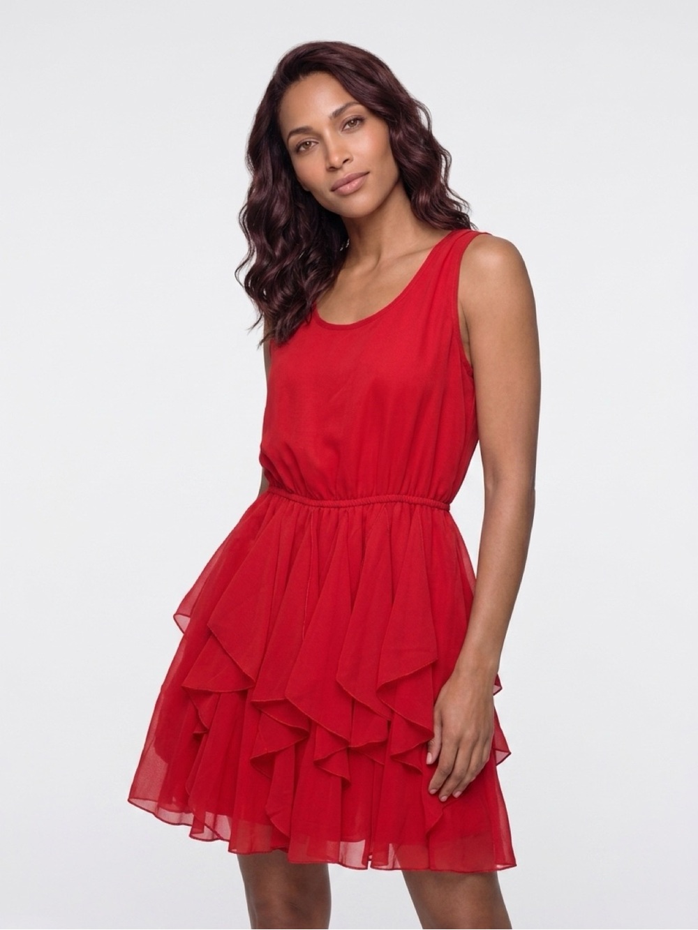 Red Sleeveless Ruffle Layered Dress